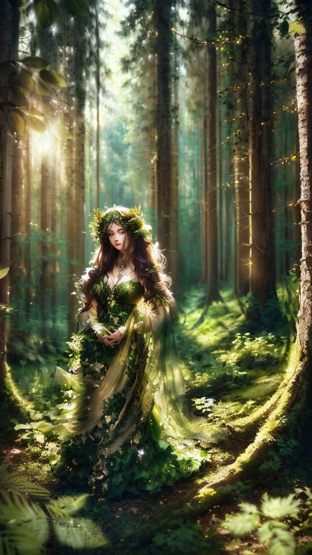 A woman in al-Fed in a forest with stumps and ivy, 夏のForest Fairyの女王, Forest Goddess, Goddess of Nature, A beautiful and graceful dryad, Forest Dryads, Goddess of Nature, queen of the forest, Be enchanted by the spirits of nature, Queen of Nature, Wearing a dress made of vines, Dress made of green leaves, Forest Fairy