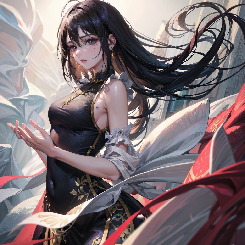 (high quality,best quality,masterpiece:1.2),1 girl,beautiful and delicate eyes,Beautiful and delicate lips,Extremely detailed eyes and face,long eyelashes,black hair,red eyes,earrings,view from behind,Show back,skirt,Blood,dark atmosphere,gothic style,pale skin,color tattoo,Crow crows,Unforgettable background music,mysterious lights,soft focus,bright colors, detailed face, detailed hands, detailed eyes