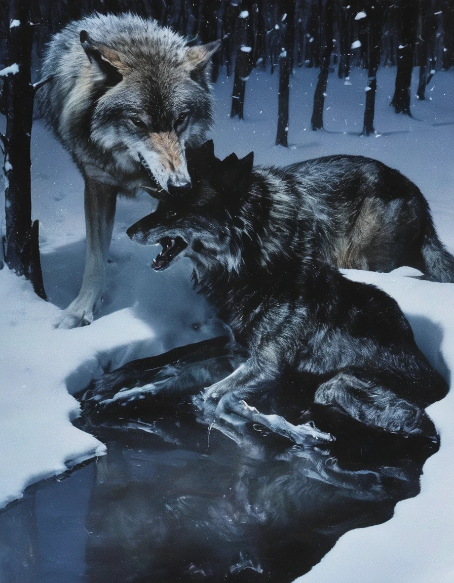 winter, crashing together wolves at night