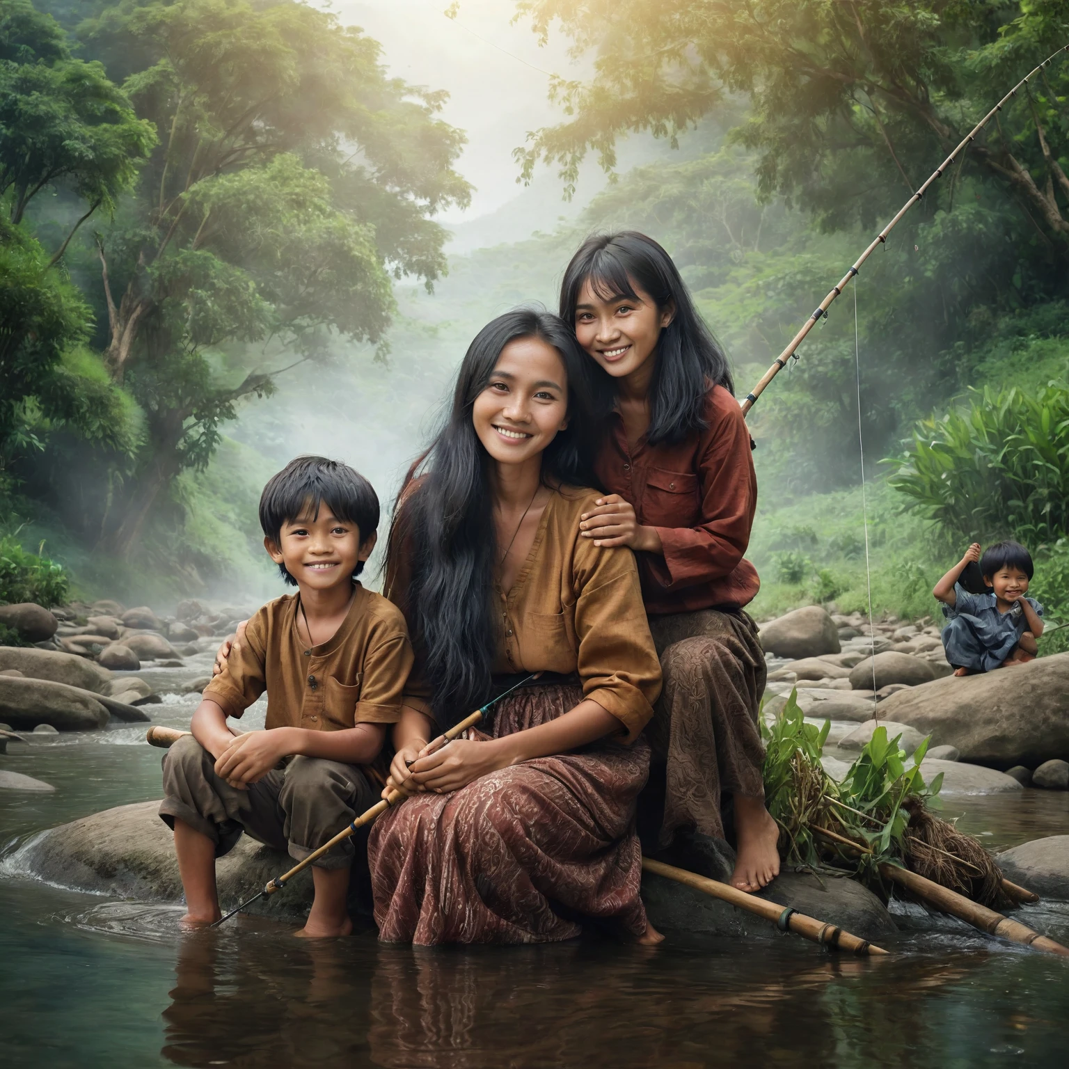 Indonesian family photo poster, stunning surreal design; a 30 year old mother with long black hair wearing rustic clothes; a 10 year old boy, they are together in a river in the village while fishing, they are happy, love each other, interact with each other, a happy little family, poses of love for each other, they look at the camera, stunning natural scenery, quality photos tall