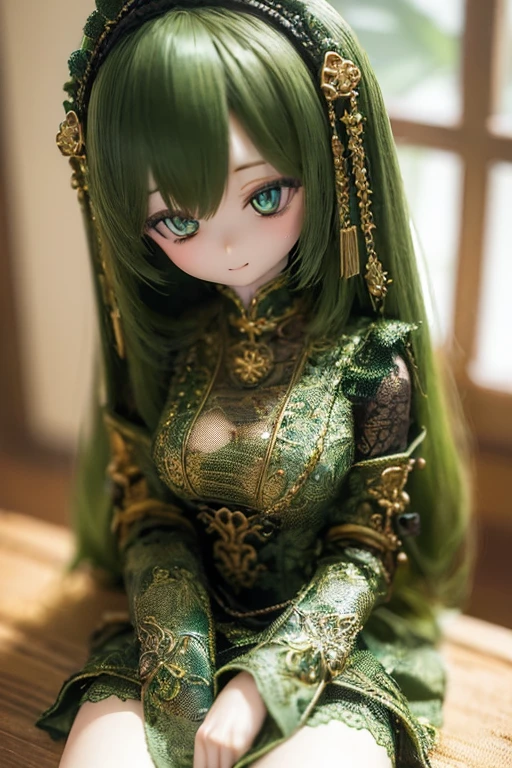 ((highest quality)), ((masterpiece)), (extremely detailed), kukolnydom, doll, (mature woman:1.5), solo, eye level shot, sitting on desk, green eyes, (looking down, blank eyes:1.3), light smile, dress, castle, 8k