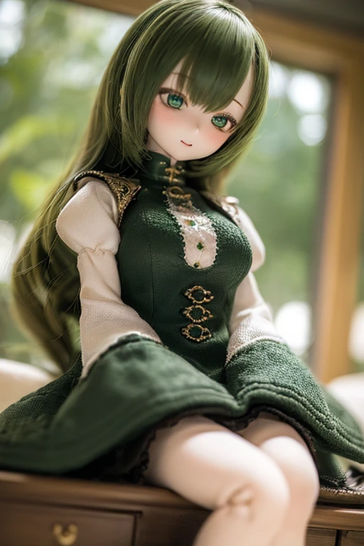 ((highest quality)), ((masterpiece)), (extremely detailed), kukolnydom, doll, (mature woman:1.5), solo, eye level shot, sitting on desk, green eyes, (looking down, blank eyes:1.3), light smile, dress, castle, 8k