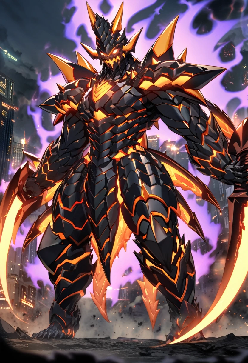 Original Kaiju armor form of a human, sharp, obsidian-like plates that overlap like armor, Elongated and somewhat reptilian head, with a pronounced crest of jagged obsidian spikes running from the forehead to the back of the neck. Four glowing, amber eyes are set deep in the skulls, arms with massive claws and blades, feet have three large, taloned toes, A long, whip-like tail ending in a mace-like cluster of obsidian spike, orange lines and aura in between armor. HD. city background destroyed