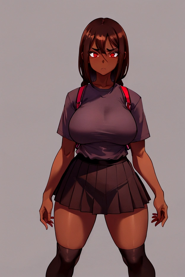 Woman with brown hair, red eyes, big titties, brown skin, purple skirt, gray shirt, black two skin shirt, long black socks, black sneakers, alone, serious