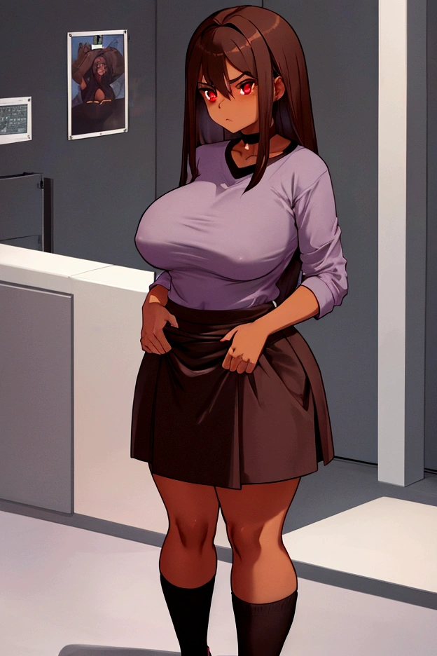 Woman with brown hair, red eyes, big titties, brown skin, purple skirt, gray shirt, black two skin shirt, long black socks, black sneakers, alone, serious
