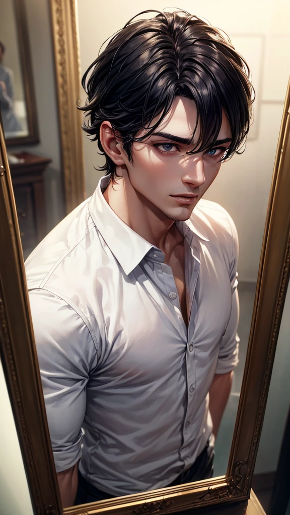 a man wearing white shirt, blurred background, extremely detailed and realistic face, handsome, beautiful detailed eyes, beautiful detailed lips, extremely detailed eyes and face, long eyelashes, chiseled jawline, glowing skin, dramatic lighting, cinematic composition, high quality, 8k, photorealistic, professional studio lighting, anime ,black hair, mirror selfie