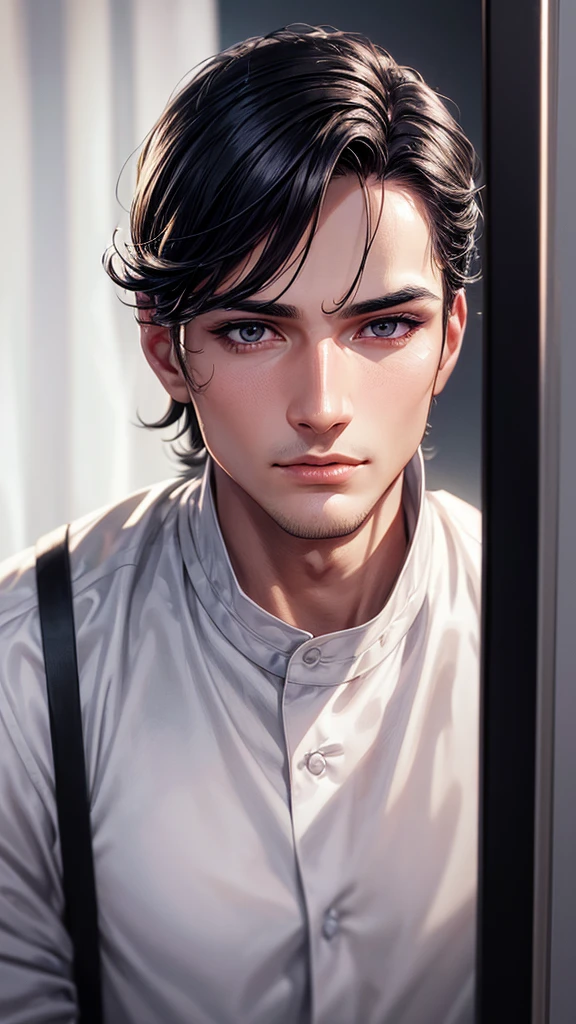 a man wearing white shirt, blurred background, extremely detailed and realistic face, handsome, beautiful detailed eyes, beautiful detailed lips, extremely detailed eyes and face, long eyelashes, chiseled jawline, glowing skin, dramatic lighting, cinematic composition, high quality, 8k, photorealistic, professional studio lighting, anime ,black hair, mirror selfie
