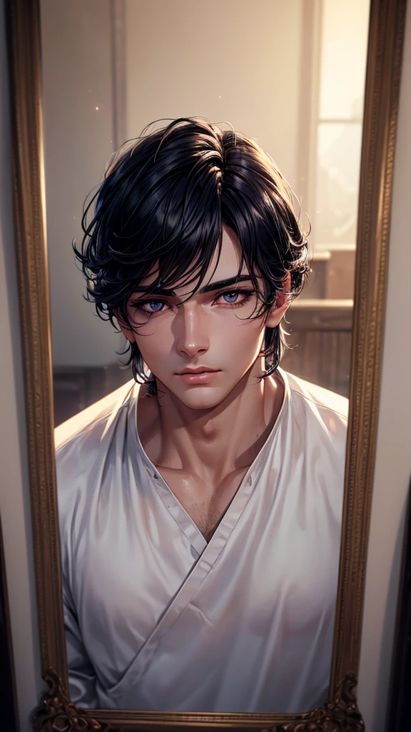 a man wearing white shirt, blurred background, extremely detailed and realistic face, handsome, beautiful detailed eyes, beautiful detailed lips, extremely detailed eyes and face, long eyelashes, chiseled jawline, glowing skin, dramatic lighting, cinematic composition, high quality, 8k, photorealistic, professional studio lighting, anime ,black hair, mirror selfie