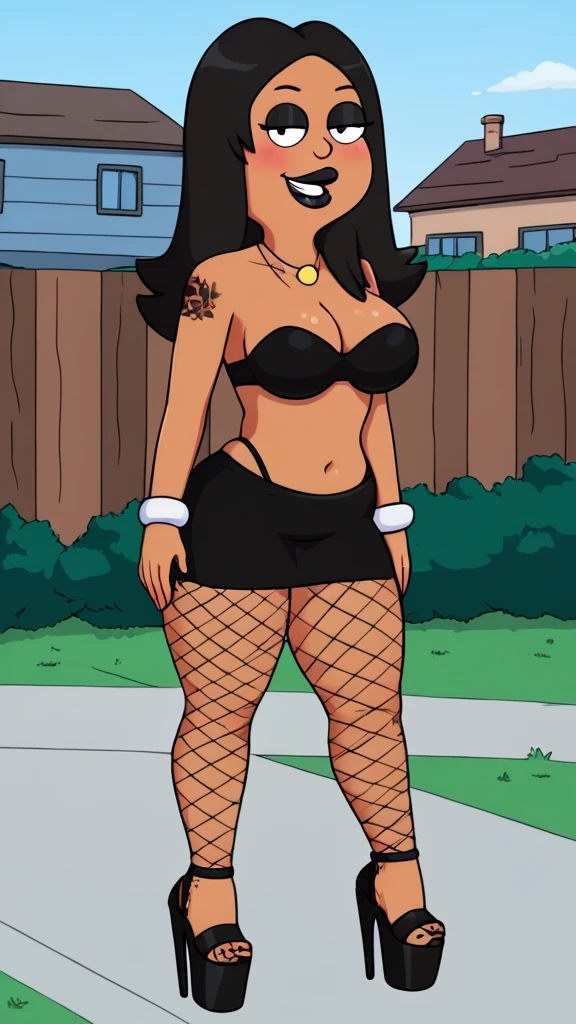 francine, flat color, black hair, 1girl, long hair, white braclet, medium breasts, dark skin, solo, necklace, cleavage, tight strapless black bikini, black lips, nsfw, standing, looking at viewer, outdoors, full-body, smile, blushing, open-toe platform high heels, black eyeliner, multiple tattoos, plump mouth, fishnet leggings, thick thighs, bimbo