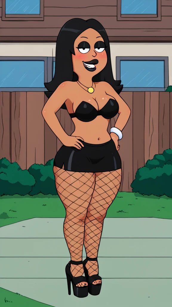 francine, flat color, black hair, 1girl, long hair, white braclet, medium breasts, dark skin, solo, necklace, cleavage, tight strapless black bikini, black lips, nsfw, standing, looking at viewer, outdoors, full-body, smile, blushing, open-toe platform high heels, black eyeliner, multiple tattoos, plump mouth, fishnet leggings, thick thighs, bimbo