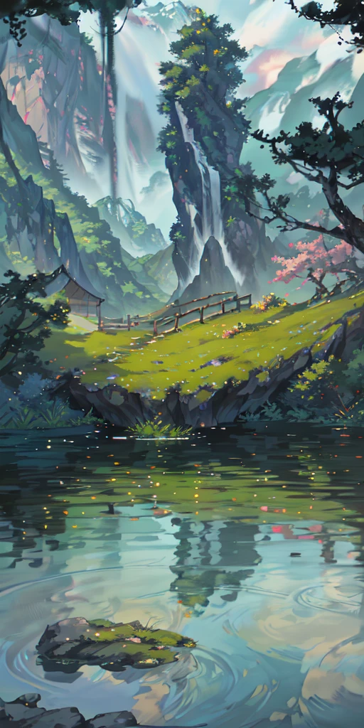 Nighttime, china ancient, spring, jungle, lake, cave, waterfall, tree, grassland, rock, deer, hot spring, vapor, (illustration: 1.0), Narrative composition, realistic lighting, HD detail, masterpiece, best quality, (Highly detailed CG integrated 8k wallpaper)