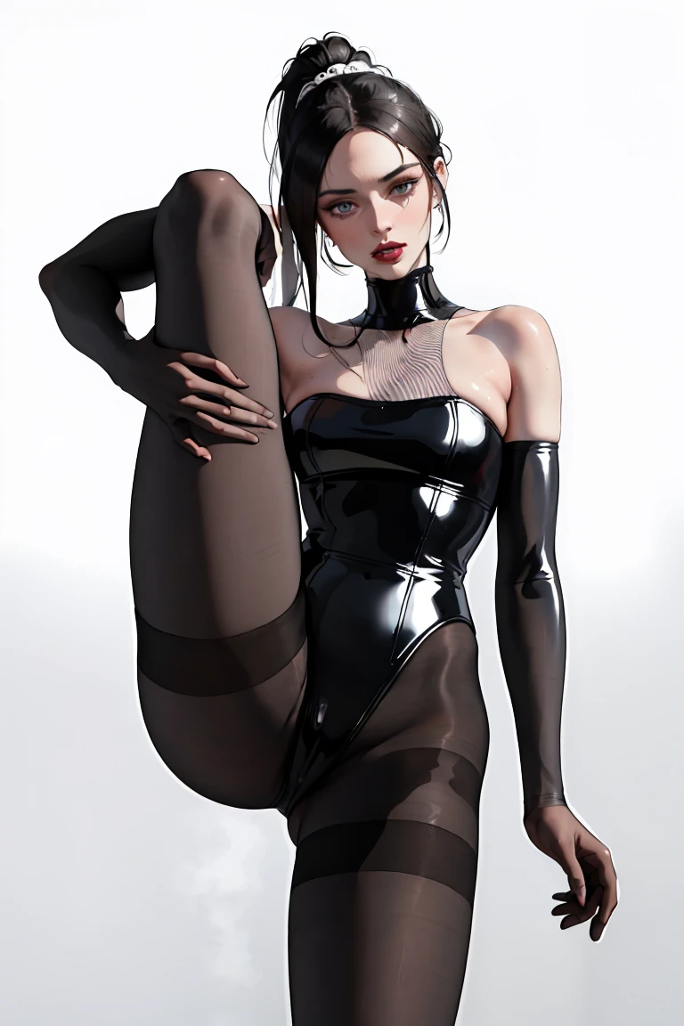 ultra-detailed professional photograph of a twenty-five year British old woman by Lara Jade, sleek ponytail, ((wet hair)), strapless high-waisted latex leotard, ((detailed matte nylon pantyhose)) , standing upright, facing viewer, seductive, dynamic pose, glossy white background, (hyper realistic:1.3), highly detailed eyes, (highly detailed skin:1.3)