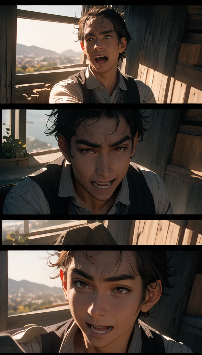 (8K, RAW photos, best quality, masterpiece: 1.4), (((Four middle-aged men playing mahjong)))，Ultra-high resolution, Extremely detailed, light, Close-up of the second floor window, Greasy man, Scruffy hair, Dark skin,dark, Sleeveless vest, Open your mouth to argue,(perfect anatomy:1.2), High-quality shadows, Natural Lighting, (White highlights:1.2), night, cloudy day, (Looking inside the house from the second floor window:1.2), (Room:1.2)