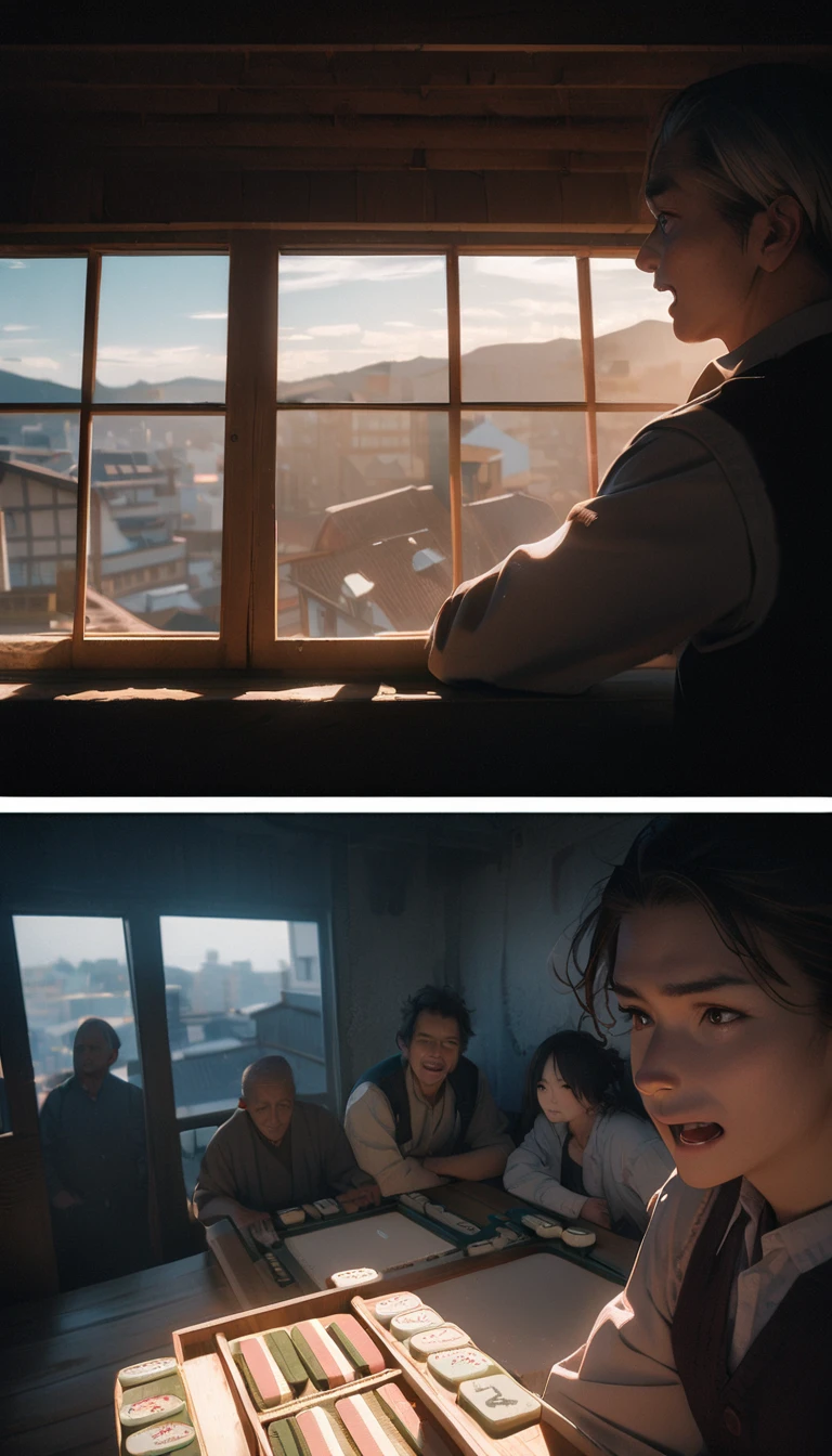 (8K, RAW photos, best quality, masterpiece: 1.4), (((Four middle-aged men playing mahjong)))，Ultra-high resolution, Extremely detailed, light, Close-up of the second floor window, Greasy man, Scruffy hair, Dark skin,dark, Sleeveless vest, Open your mouth to argue,(perfect ???????:1.2), High-quality shadows, Natural Lighting, (White highlights:1.2), night, cloudy day, (Looking inside the house from the second floor window:1.2), (Room:1.2)