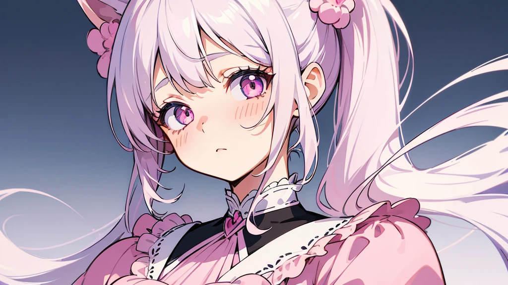 one girl, very beautiful face, beautiful eyes, detailed eyes, detailed face, detailed hair, masterpiece, anime girl, pink eyes, silver hair, , kawaii, two pony tails, very young, big , pixiv, illustration, very high quality, masterpiece, , pink cheeks, looks at you, cute outfit, very worried expression, worried, kind eyes,