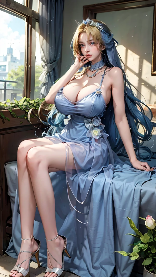 Best quality, masterpiece, ultra high res, raw photo, beautiful and aesthetic, deep shadow, fairy theme,(ultra detailed:1.3),
1girl, sitting pose, headdress, (beautiful face, detailed eye:1.2), embarrassed, drill hair, long hair, blonde hair, gradient hair, yellow eyes, solo, ( breasantic breasts:1.1)air, blue hair, divine goddess, looking at viewer, indoors, royal palace, luxurious bedroom, canopy bed, candles, room full of curtain, astraea, full body, Sweet girl clothes2,pearl necklace,blue dress,flower,