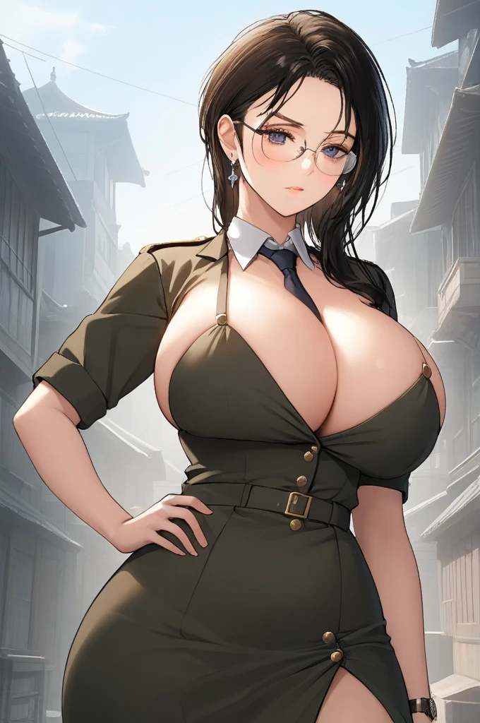 (masterpiece:1.3), (disorganized:1.3), (highest quality:1.3),(perfect anatomy),detailed face,Steam punk, victorian era,Hong kong,horizontal angle,hands,(looking at viewer), (Super detailed:1.3),(best shadow:0.7), solo,1 middle aged woman,saggy small breast,(treated hair), pulledback hair,fine eyes, beautiful eyes, 1 middle aged woman, ((saggy breast)),army officer,alone, standing, crystal earrings,closed_mouth, arm_behind_return, (army uniform,insignia,pencil skirt,tie,underrim glasses), rest outdoors, intimidating pose,cowboy shot,big breasts, earrings