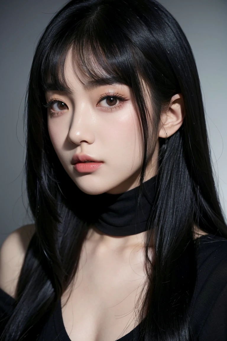 A man in a black shirt、Close-up of lady with long black hair, Ulzan, Korean Girl, She has black hair，With bangs, 2 4--old female model, Beautiful young Korean woman, Photos of slim girls, Beautiful Korean woman, Jisoo from Blackpink, cruel korean goth girl, Long hair, black hime cut hair, Instagram Models