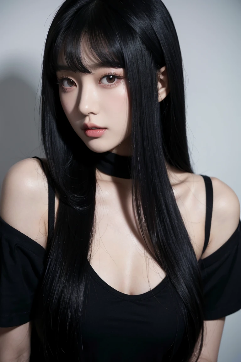 A man in a black shirt、Close-up of lady with long black hair, Ulzan, Korean Girl, She has black hair,With bangs, 2 4-year-old female model, Beautiful young Korean woman, Photos of slim girls, Beautiful Korean woman, Jisoo from Blackpink, cruel korean goth girl, Long hair, black hime cut hair, Instagram Models