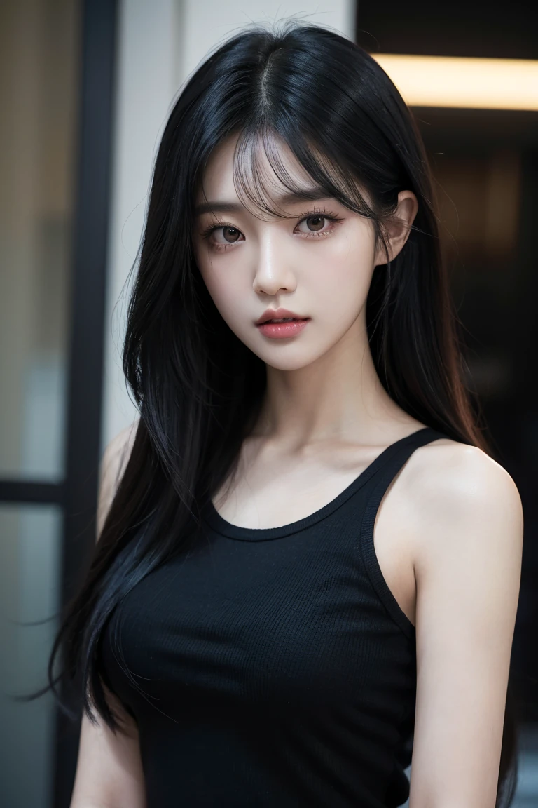 A man in a black shirt、Close-up of lady with long black hair, Ulzan, Korean Girl, She has black hair,With bangs, 2 4--old female model, Beautiful young Korean woman, Photos of slim girls, Beautiful Korean woman, Jisoo from Blackpink, cruel korean goth girl, Long hair, black hime cut hair, Instagram Models