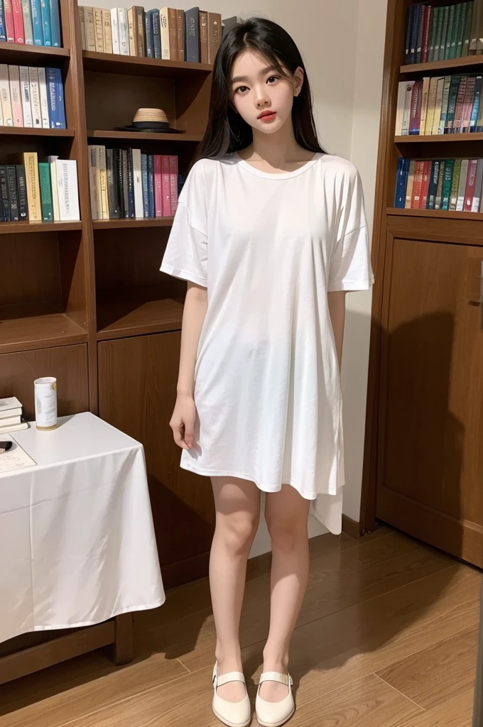 Beauty、18 years old、cute、reality、good body shape、Not revealingly dressed、Wear flat shoes、White T-shirt、People from Taipei, Taiwan、Pure and elegant without being coquettish、White Moonlight、intimate、Kind、library