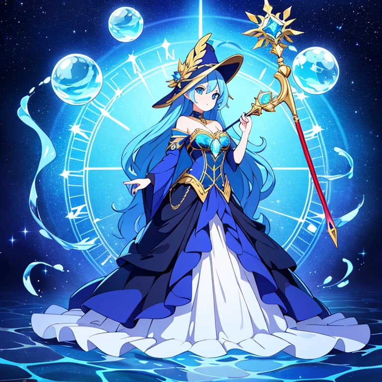 Aquariuscry has two distinct forms that are always seen together, often moving in perfect synchrony.
Water Witch: One witch has flowing blue hair and deep blue eyes, adorned with intricate patterns resembling constellations. She wields a staff topped with a crystal sphere filled with swirling water, symbolizing the fluidity and depth of the ocean.It wears a pointed hats adorned with celestial symbols and star-shaped ornaments. They often hold hands, their powers intermingling to create a seamless blend of water and ice. Full body , ballgown , ball gown , gold accents , beautiful eyes ,