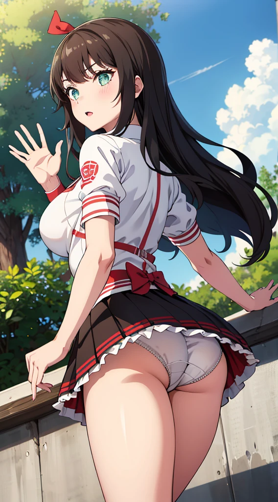 Without skirt、The skirt is flipped up、Without skirt、White underwear、In underwear、Panties in full view、White panties、 1, 1girl, asahina mikuru, long hair, kita high , solo, short sleeves, red ribbon, large breasts, cowboy shot, waving, outdoors, Underwear in full view、From the back