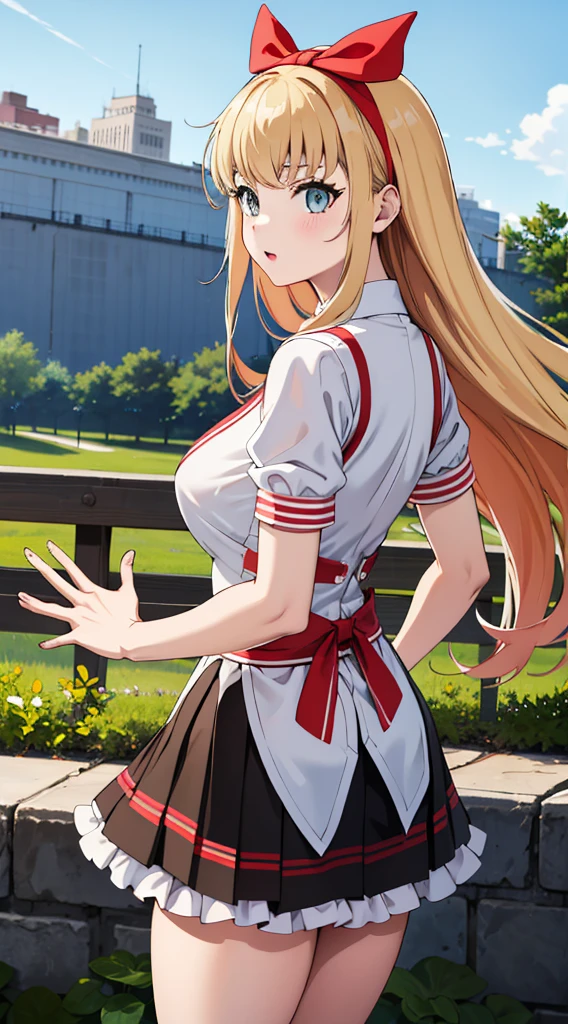 Without skirt、The skirt is flipped up、Without skirt、White underwear、In underwear、Panties in full view、White panties、 1, 1girl, asahina mikuru, long hair, kita high , solo,  short sleeves, red ribbon, large breasts, cowboy shot, waving, outdoors, Underwear in full view、From the back