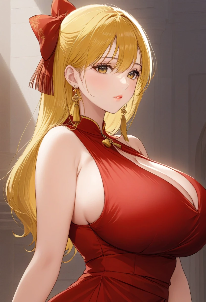 AkikoHoujoh, big_breasts, standing, solo, red_dress, yellow_hair_bow,, masterpiece, best_quality, detailed_face, detailed_eyes, highres, beautiful, detailed,long jhumka tassel earrings 