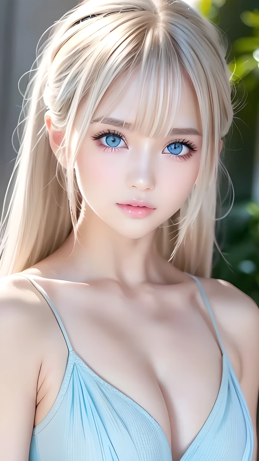 Exceptional sexy beauty、Beautiful, calm and bright expression、Sexy refreshing look、Perfect beautiful pretty face、Very bright, light blue eyes、Short ponytail、Long bangs between the eyes、Long platinum blonde straight hair、Beautiful facial hair、Very cute beautiful sexy young  woman、Very perfect beautiful pretty face、Beautiful clear cute eyes