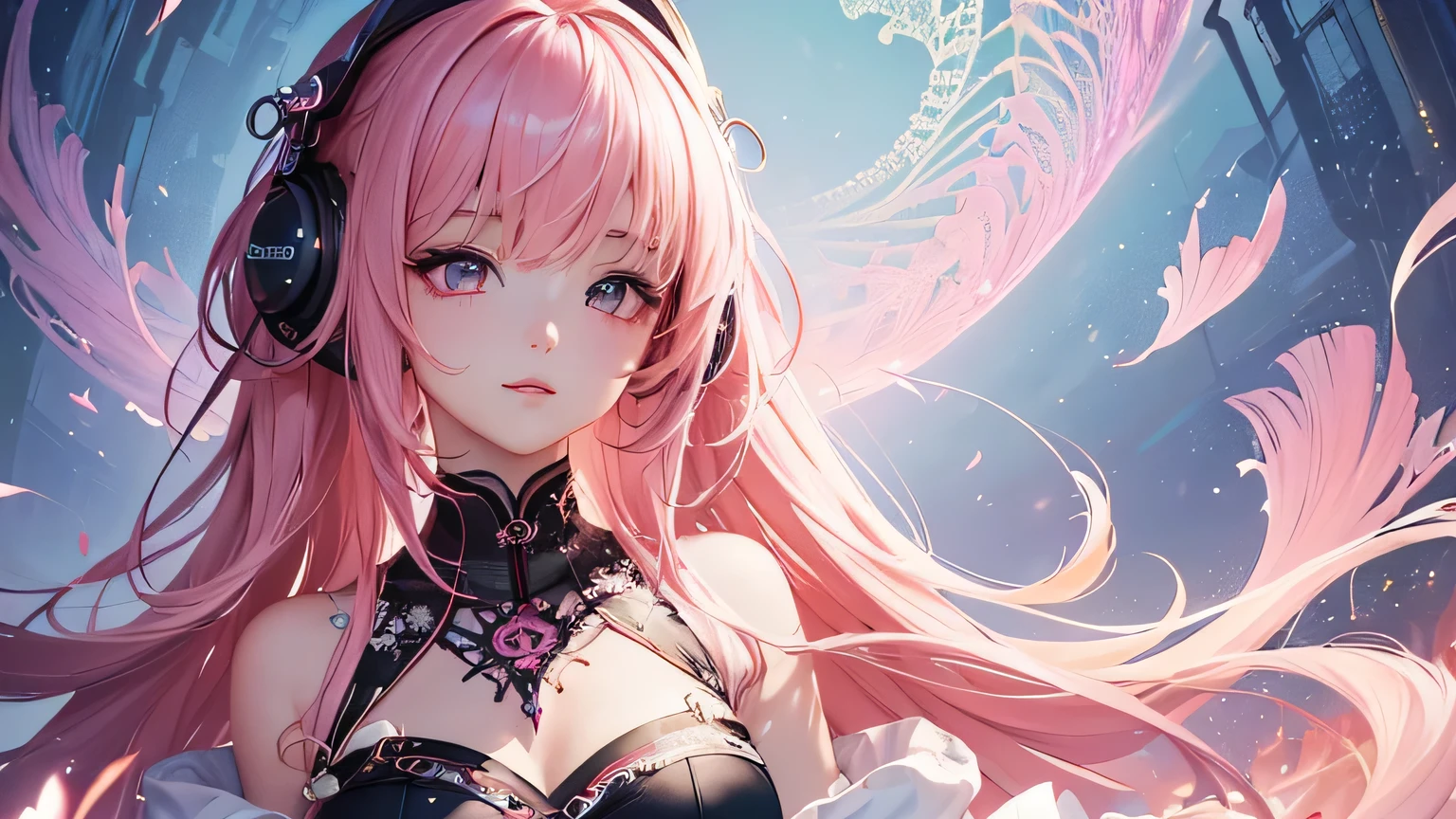 (masterpiece, Highest quality, Highest quality, Official Art, beautifully、aesthetic:1.2), (One girl), Very detailed,(Fractal Art:1.3),colorful,Most detailed pink hair、I have headphones on。