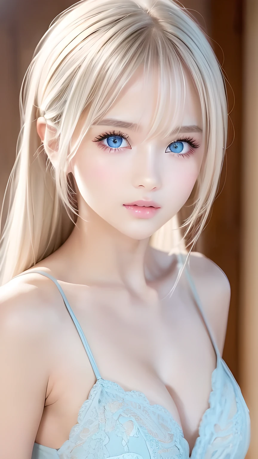 Exceptional sexy beauty、Beautiful, calm and bright expression、Sexy refreshing look、Perfect beautiful pretty face、Very bright, light blue eyes、Short ponytail、Long bangs between the eyes、Long platinum blonde straight hair、Beautiful facial hair、Very cute beautiful sexy young little woman、Very perfect beautiful pretty face、Beautiful clear cute eyes