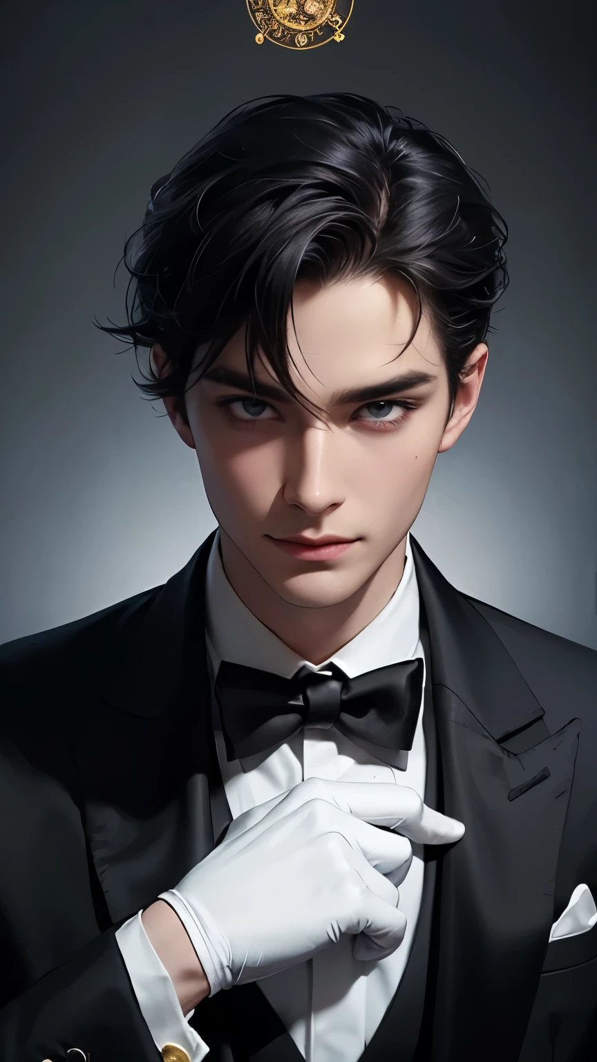 (Absurd, High resolution, Super detailed), 1 male, alone, Adult, good looking, Detailed eyes and face, Butler, Wearing a black tuxedo, White gloves, lover \Tarot\, Symbolism, Visual Arts, occult, universal, Vision Casting, philosophical, Iconography, Numerology, Popularity, artistic, Alphonse Mucha, short hair, smile, Happy、Portraiture、youth、sexy、30 years old、黒Butler、devil、Sebastian、Golden Eyes