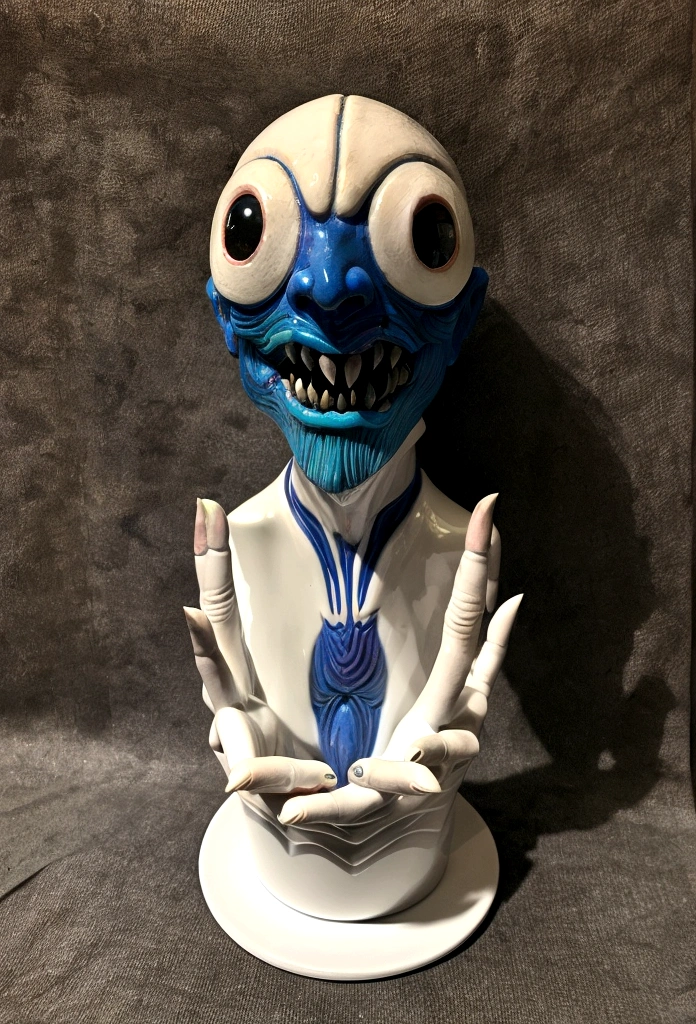 White ghost growing out of a pot、Multiple hands、Three eyes on the face、Part of the head is blue、Hands growing on face