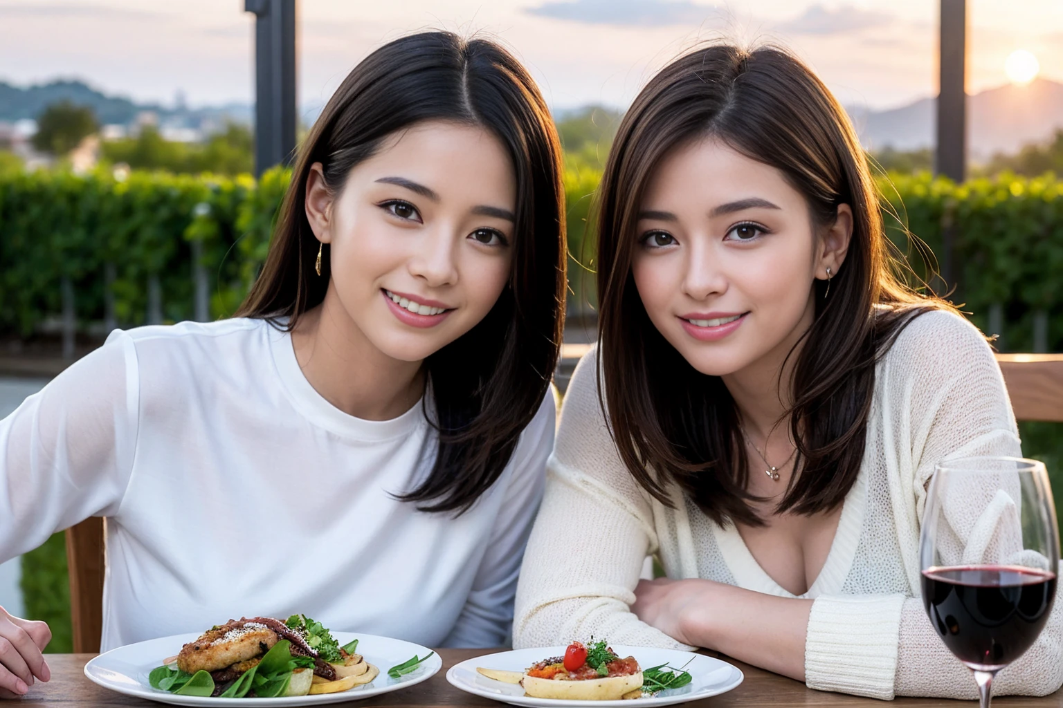 ((Highest quality、8K、masterpiece:1.3))、1 male 1 female、Satomi Ishihara、Beautiful couple、smile、full-course dinner、 (Slim face), (the body is スリム), (Brown Hair), (Shortcuts), ((Bob Hale、Straight hair:1.2)), テーブルの上のwine glass、Put the light on your face、 Amazing view of the sunset sky and clouds、smileの美しさ、Bright image、Blushing, Shortcuts, (43 years old), 39 years old, Appetizers、Italian food、Wine bottle、Champagne、sparkling wine、Long sleeve shirt、dress、Attractive beauty、restaurant, Nova Frog Style, actress, model, Upper Body, White wine, red wine, wine glass,