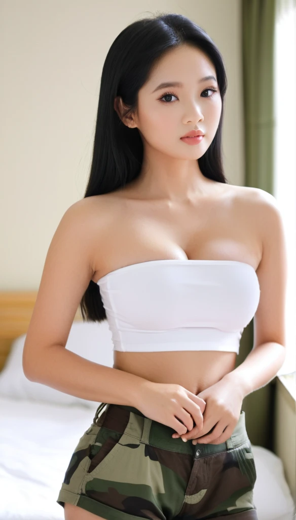 close-up of beautiful Indonesian, Amanda Manopo is a Indonesian actress and model, age 24 years old girl, youthful face, perfect body, white body skin, very long hair, black hair, straight hair, 38 inches breasts size, wearing a plain light white strapless tube top, wearing a tight camouflage short pants, Manopo holding breasts with her own two hands is very sexy and sigh, Manopo squeezes the breasts very seductively, Manopo lowered her strapless tube top a little bit, at the female-only military dormitory bedroom, female-only military dormitory bedroom background, UHD