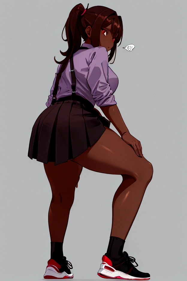 Woman with brown hair, red eyes, big , brown skin, purple skirt, gray shirt, black two skin shirt, long black socks, black sneakers, alone, serious