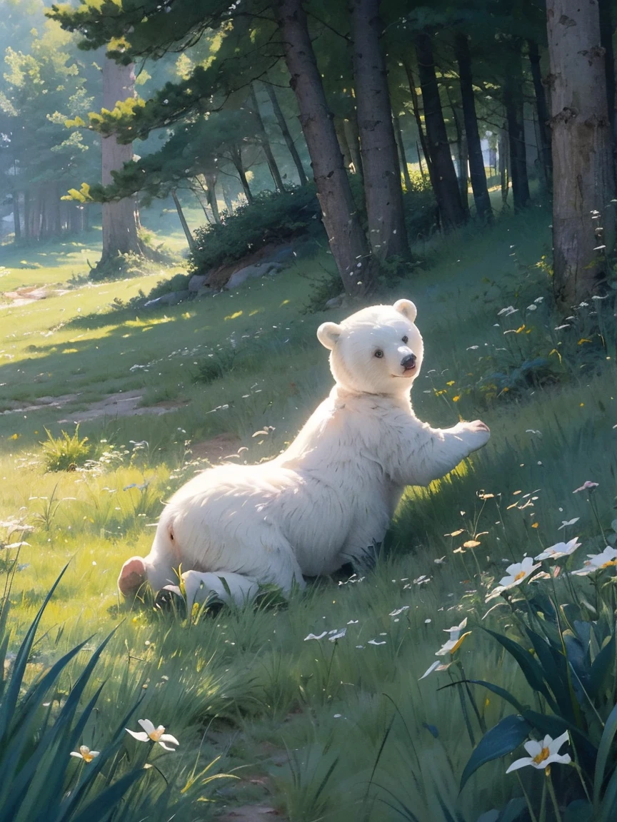 ((several white bears)),(Play in the fields, paddy,cute white bear, Cute girls), Ghibli background style, Yuru Chara Style,Cute storybook illustrations, , Soft Lighting, cream, Giorgio Morandi colors, Thick Line Graph, Full color illustrations, Picnic in the forest, Cover Illustration, landscape。grassland fields,grassland,plant,Natural Style,masterpiece,Best quality,