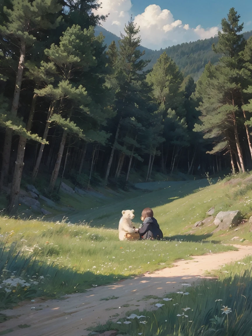 ((several white bears))，(Play in the fields, paddy，cute white bear, Cute girls), Ghibli background style, Yuru Chara Style，Cute storybook illustrations, , Soft Lighting, cream, Giorgio Morandi colors, Thick Line Graph, Full color illustrations, Picnic in the forest, Cover Illustration, landscape。grassland fields，grassland，plant，Natural Style，masterpiece，Best quality,
