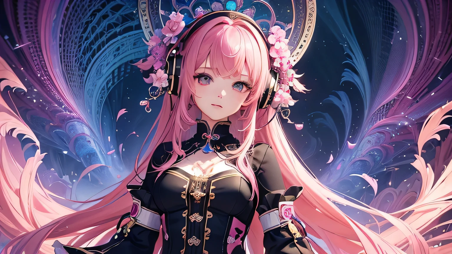 (masterpiece, Highest quality, Highest quality, Official Art, beautifully、aesthetic:1.2), (One girl), Very detailed,(Fractal Art:1.3),colorful,Most detailed pink hair、I have headphones on。