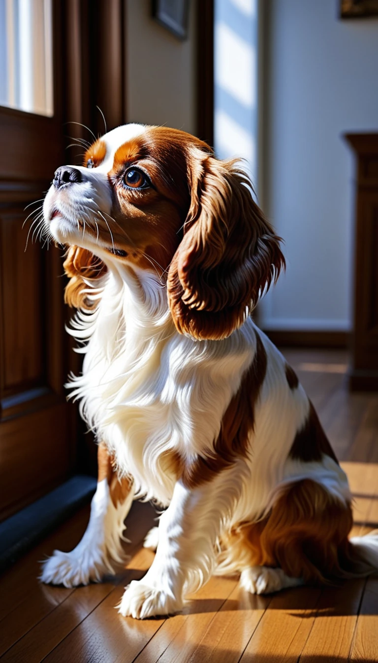 There is no one, realistic photo, photo realism, realism, Cavalier King Charles Spaniel (Cavalier King Charles Spaniel), perfect composition, intricate details, Very sharp, masterpiece, profile, high resolution, looking at the viewer, Full body photo in a comfortable atmosphere indoors