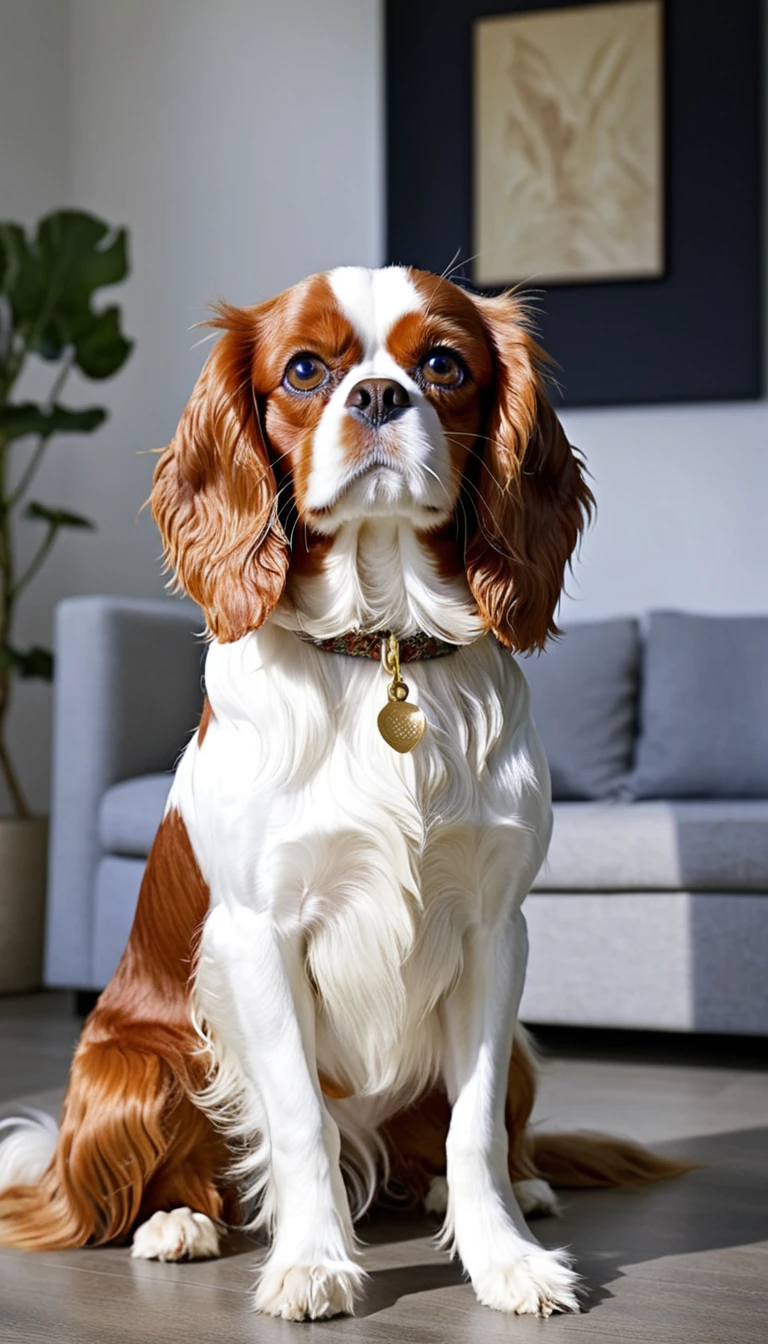 There is no one, realistic photo, photo realism, realism, Cavalier King Charles Spaniel (Cavalier King Charles Spaniel), perfect composition, intricate details, Very sharp, masterpiece, profile, high resolution, looking at the viewer, Full body photo in a comfortable atmosphere indoors