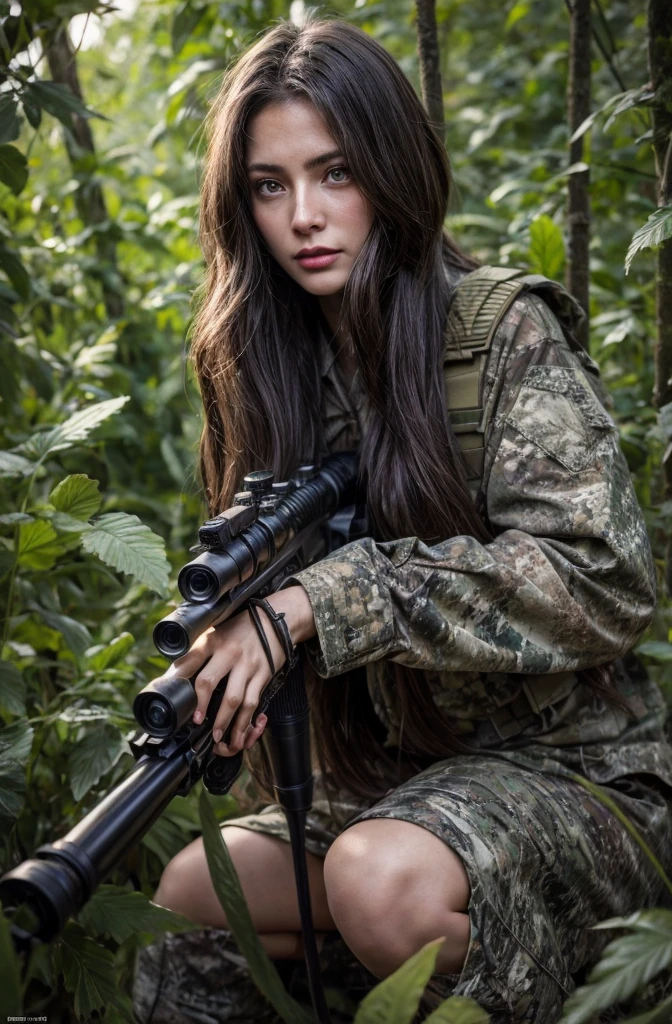 4K image of female sniper hiding in leaves., Wear a ghillie suit., Wear a sniper style camouflage uniform. ,Dark color, Masterpiece, Soft lighting and atmosphere, (god rays)