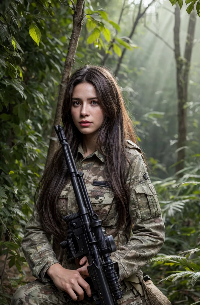 4K image of female sniper hiding in leaves., Wear a ghillie suit., Wear a sniper style camouflage uniform. ,Dark color, Masterpiece, Soft lighting and atmosphere, (god rays)