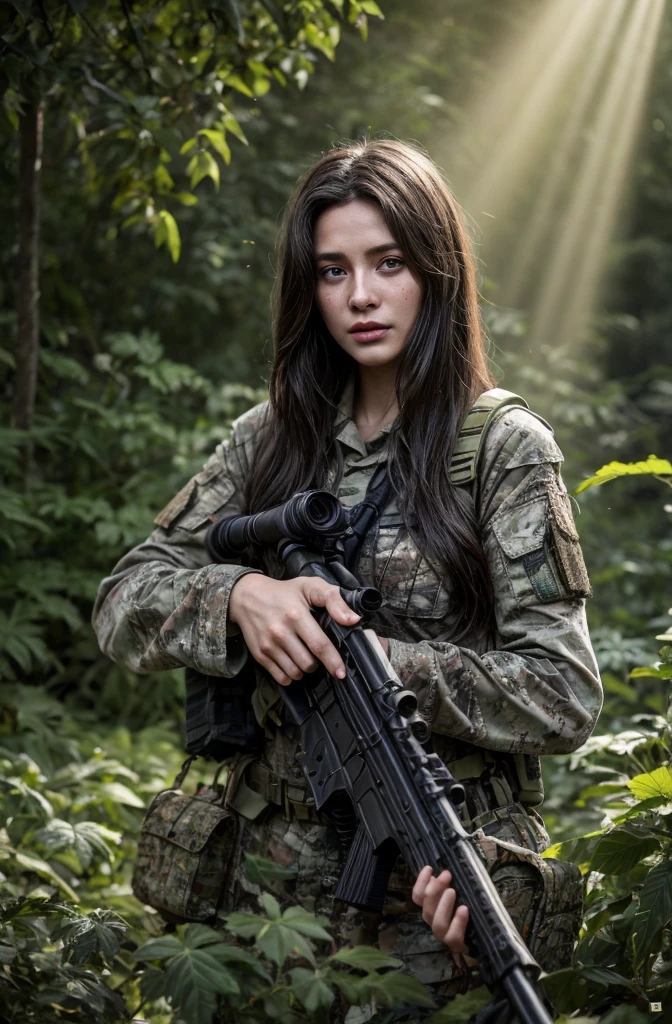 4K image of female sniper hiding in leaves., Wear a ghillie suit., Wear a sniper style camouflage uniform. ,Dark color, Masterpiece, Soft lighting and atmosphere, (god rays)