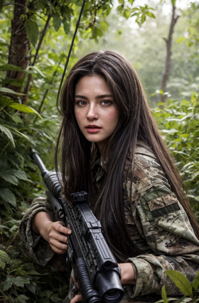 4K image of female sniper hiding in leaves., Wear a ghillie suit., Wear a sniper style camouflage uniform. ,Dark color, Masterpiece, Soft lighting and atmosphere, (god rays)