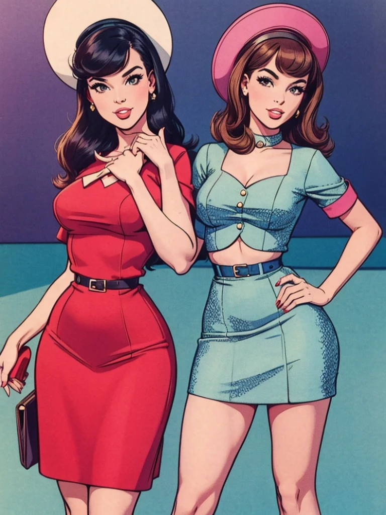 two fashionable young women posing for a picture, retro 60s girls fashion