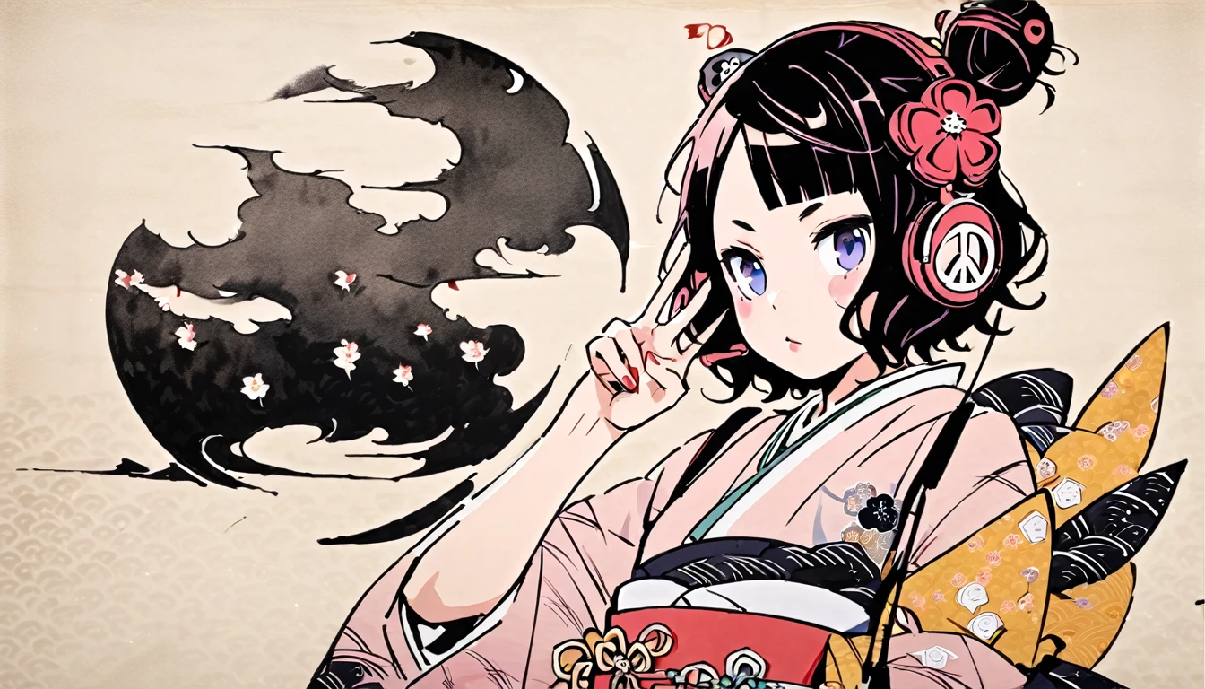 (((Highest quality))), (((Katsushika Hokusai))), (((Ink Painting))), ((very straight longhair)), ((1 girl)), ((Skull Mask)), ((beautiful girl)), Japanese style headphones, Black Hair, Delicate and precise, Modern ukiyo-e style