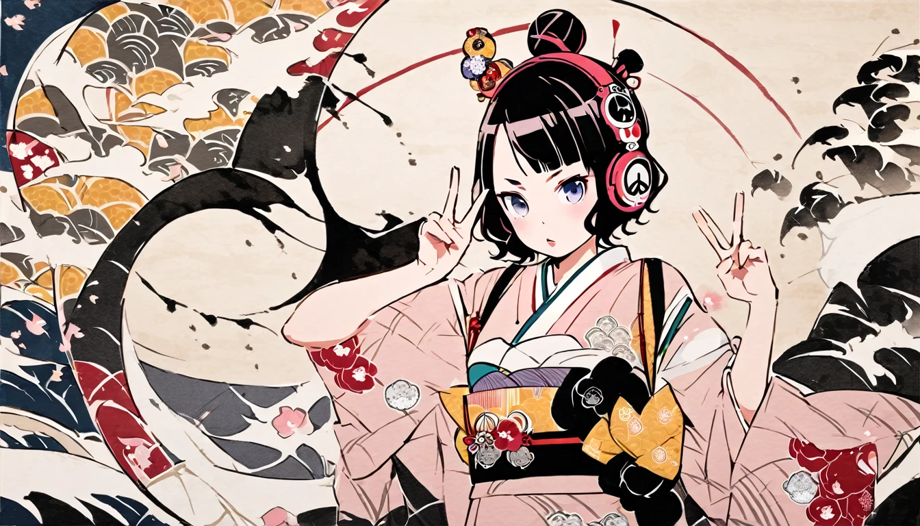 Highest quality, Katsushika Hokusai, Ink Painting, (((peace sign))), (((hair bun))), (((Pale pink kimono))), Japanese style headphones, cherry blossoms, beautiful girl, Black Hair, Delicate and precise, Modern ukiyo-e style