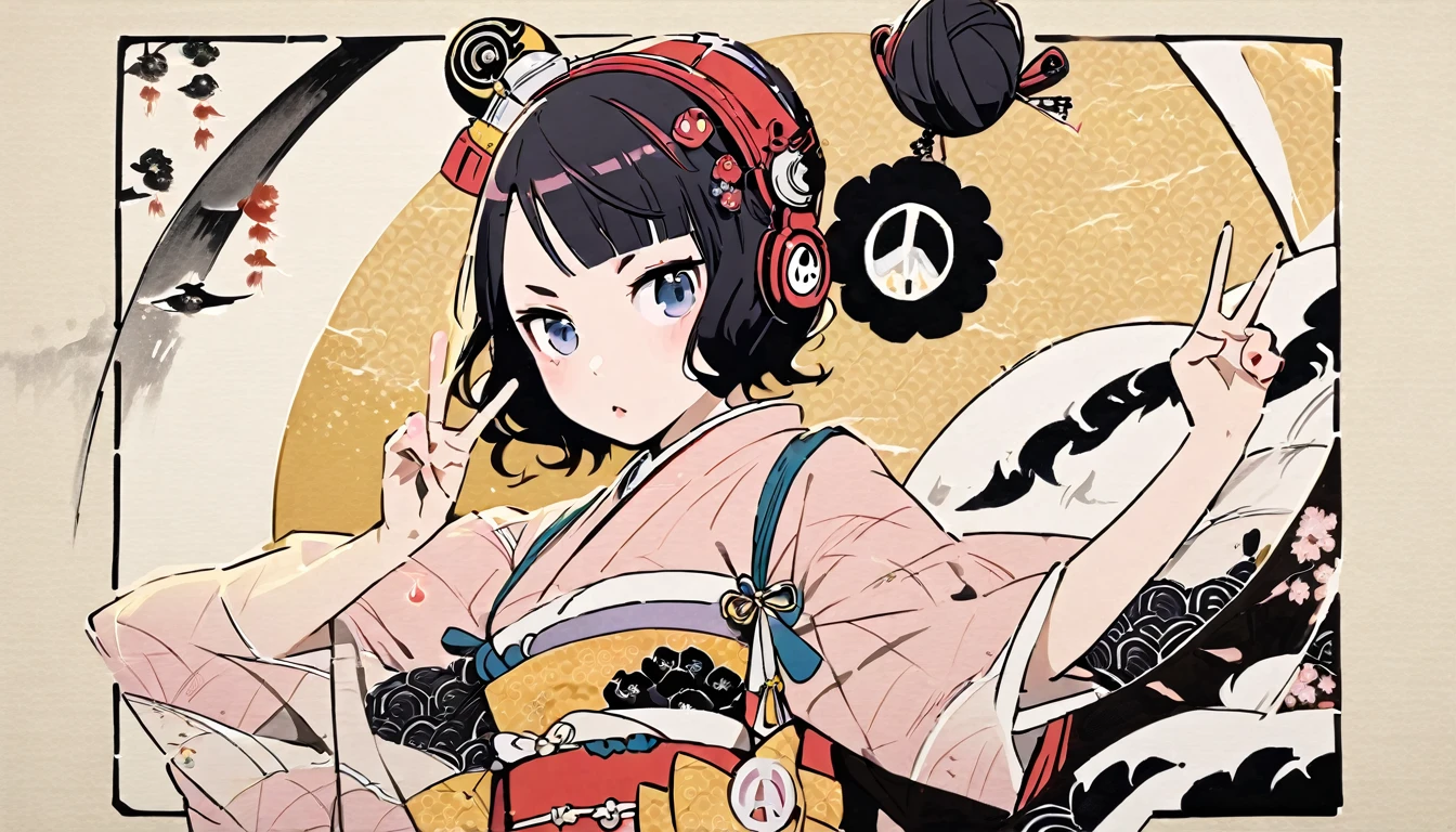 Highest quality, Katsushika Hokusai, Ink Painting, (((peace sign))), (((hair bun))), (((Pale pink kimono))), Japanese style headphones, cherry blossoms, beautiful girl, Black Hair, Delicate and precise, Modern ukiyo-e style